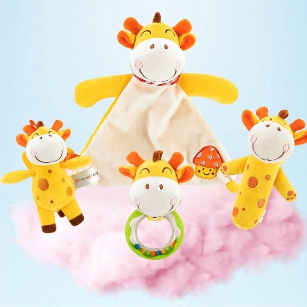 4 Piece Giraffe Soft Baby Rattle, Shaker, & Teething Toys - Newborn